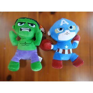 TY Marvel Plush Lot of 2 Captain America w/ Shield & Green Hulk Avengers Member